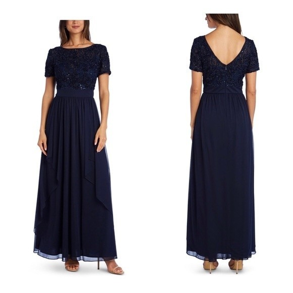 R&M Richards Sequin & Ruffle Gown 12 NWT Navy Blue. - Picture 1 of 11